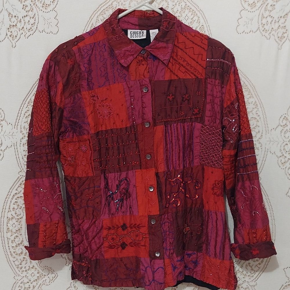 Chico's Design silk embroidery beaded lined jacket or shirt inv 176